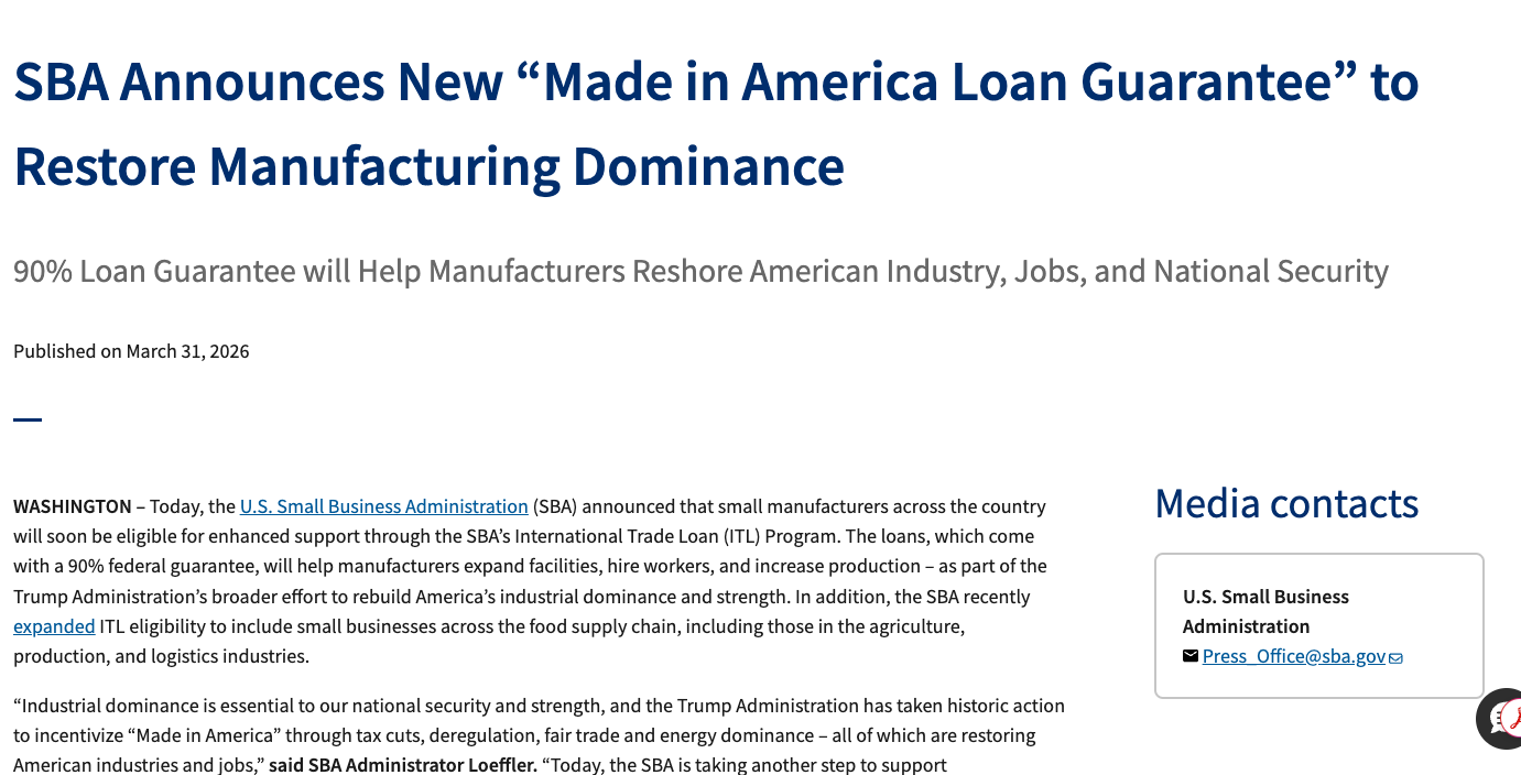 SBA Announces New “Made in America Loan Guarantee” to Restore Manufacturing Dominance
